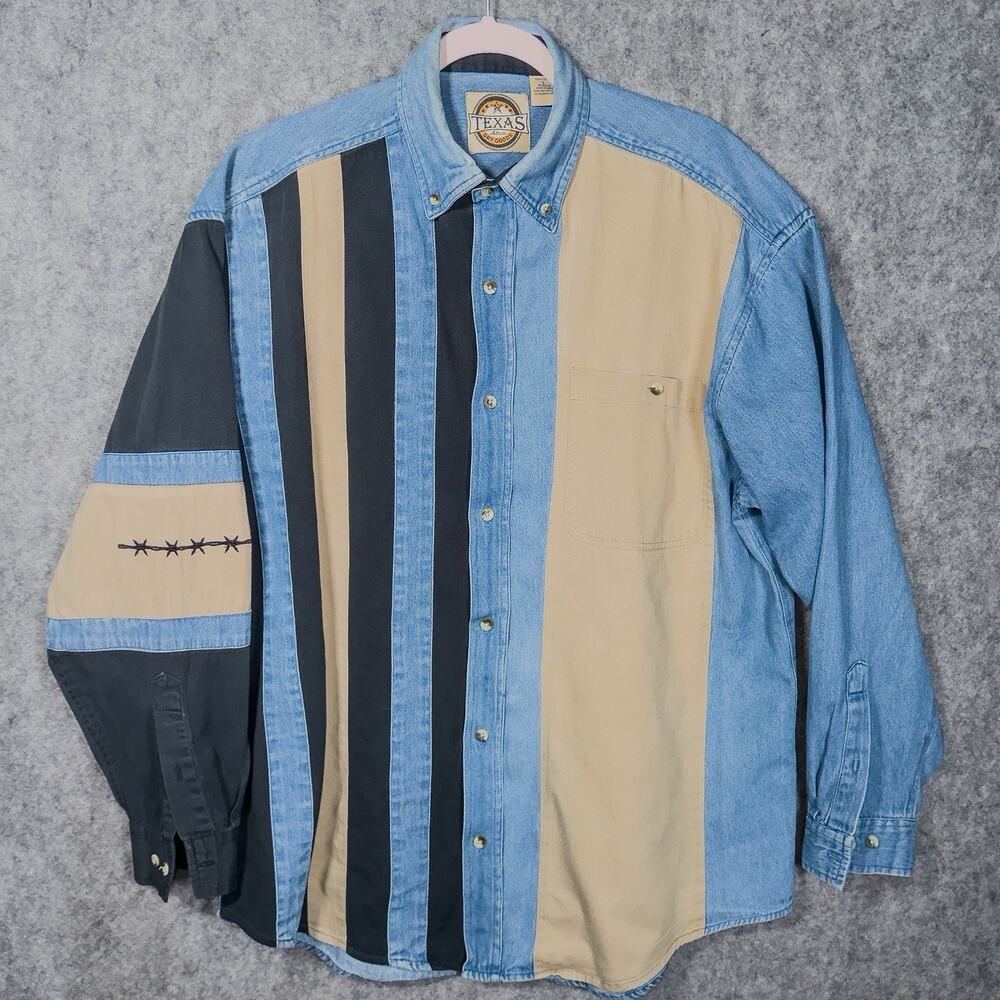 Vtg Texas Authentic Dry Goods Denim Western Colorblock Shirt Large Barbed Wire